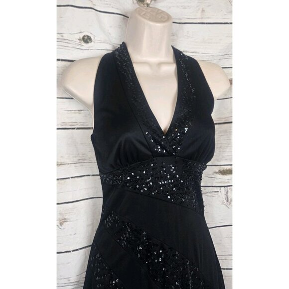 Vintage Y2K Rampage Black Halter Dress S Sequins 90's Chiffon  Asymmetrical - Picture 2 of 7